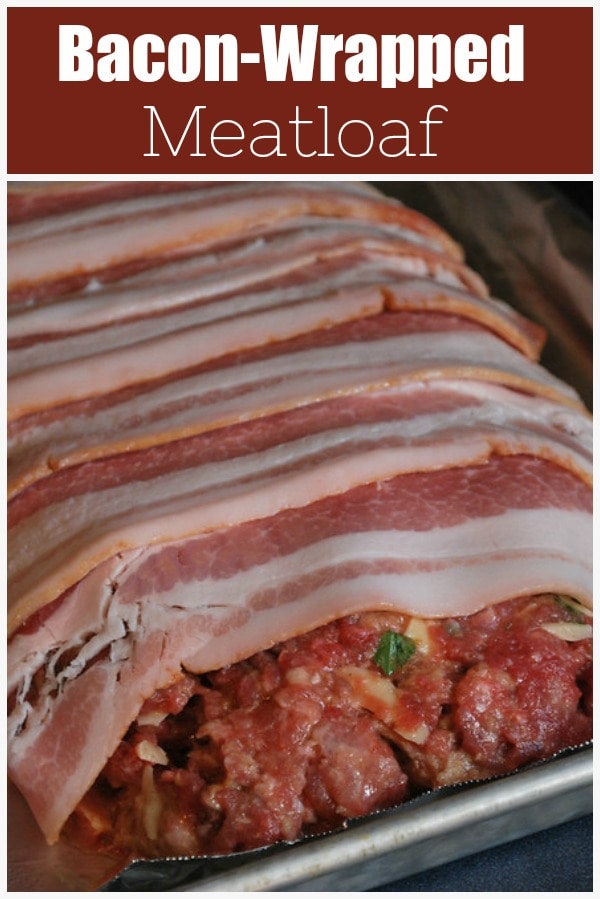 Bacon Wrapped Meatloaf - moist and tender meatloaf wrappd in bacon and topped with a tangy ketchup-based sauce. 