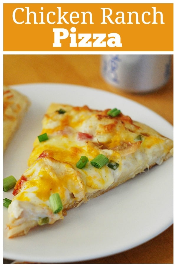Chicken Ranch Pizza - delicious homemade pizza with ranch dressing, chicken, 3 types of cheeses, fresh tomatoes, and green onions! This one is always a hit!