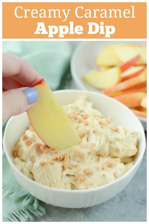 Creamy Caramel Apple Dip - easy 4 ingredient, no bake dessert! Creamy brown sugar dip with toffee bits mixed in. Apple slices taste just like caramel apples when they're dipped in it!