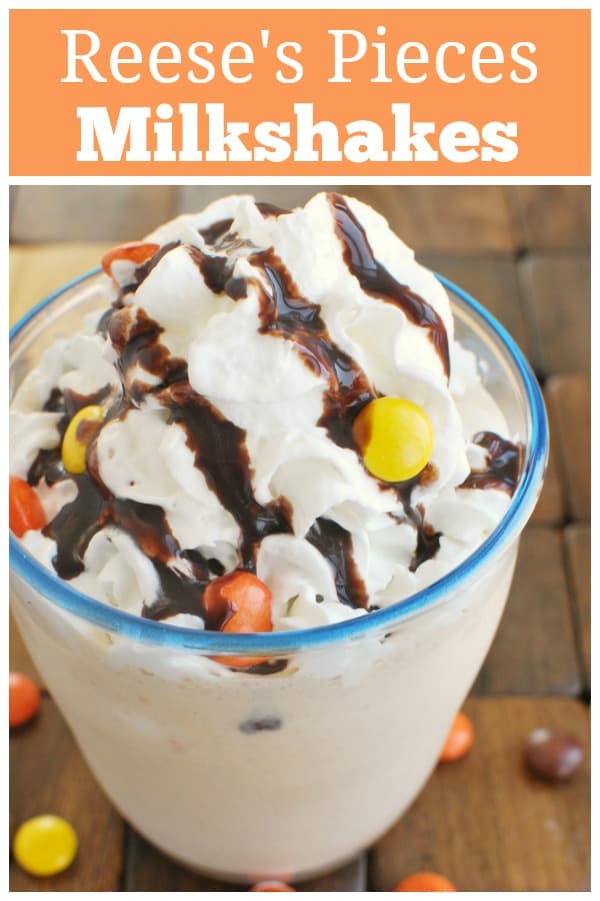 Reese's Pieces Milkshake - homemade peanut butter milkshakes with Reese's Pieces candy! Only 4 ingredients! Top it with whipped cream, chocolate syrup, and more candy for the most decadent treat. 