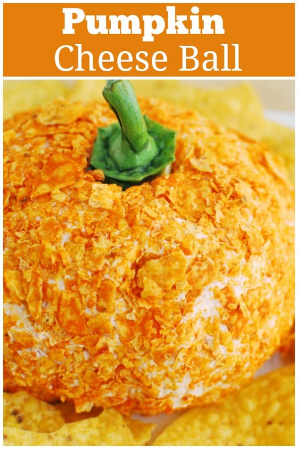 Pumpkin Cheese Ball - savory cheese ball filled with salsa and cheddar cheese and covered in crushed Doritos to look like a pumpkin. How cute for Halloween!