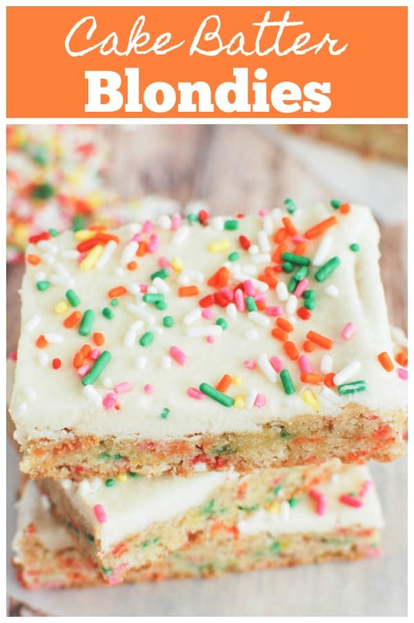 Cake Batter Blondie Bars - chewy blondies filled with rainbow sprinkles, topped with buttercream frosting, and sprinkled with more sprinkles! 