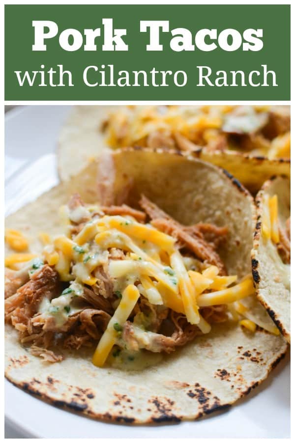 Slow Cooker Sweet Pork Tacos with Cilantro Ranch Dressing - crockpot shredded pork cooked in a sweet and spicy sauce. Use it to make tacos or burrito bowls and top with homemade Cilantro Ranch Dressing!
