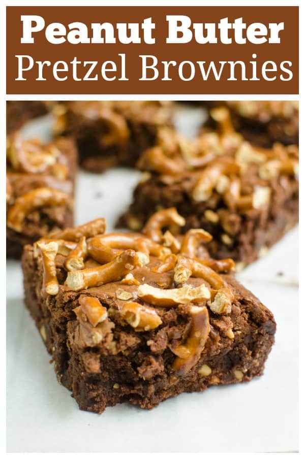 Peanut Butter Pretzel Brownies - chewy brownies filled with peanut butter and topped with pretzels. The perfect sweet and salty treat!