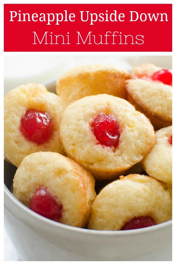 Pineapple Upside Down Muffins - easy, kid-approved breakfast recipe! Delicious muffins filled with crushed pineapple and topped with a sprinkle of brown sugar and a maraschino cherry!