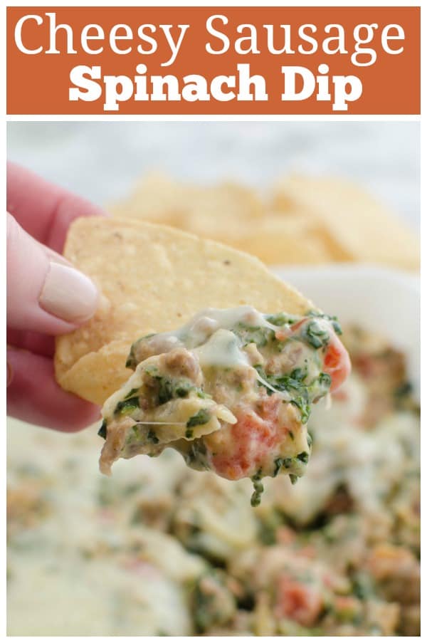 Cheesy Sausage and Spinach Dip - gooey cheese dip with sausage, Rotel, and spinach! It's always a party favorite!