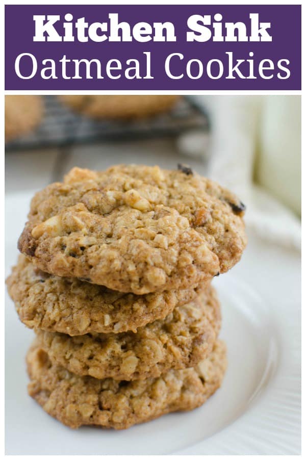 Kitchen Sink Oatmeal Cookies - oatmeal cookies filled with everything but the kitchen sink! Chocolate chunks, white chocolate chips, cinnamon chips, walnuts, raisins, and coconut!
