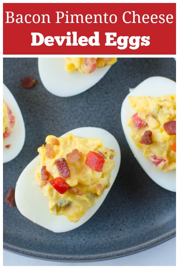 Bacon Pimento Cheese Deviled Eggs  - a twist on the classic! Deviled egg filling is mixed with crispy bacon, cheddar cheese, and pimentos. So delicious and the perfect way to use all those Easter eggs!