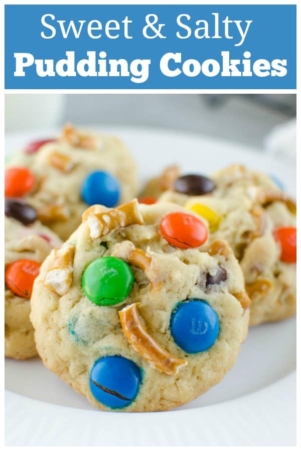 Sweet and Salty Pudding Cookies - soft cookies filled with coconut, pretzels, and M&Ms! The pudding mix keeps them soft for days. 