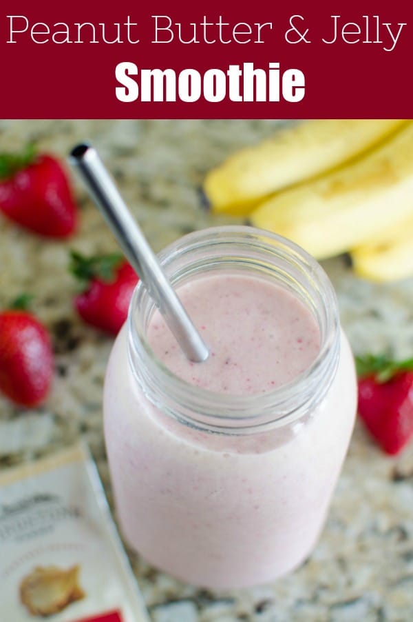 PB&J Smoothie - the classic peanut butter and jelly as a healthy smoothie! Fresh banana, strawberries, milk, and peanut butter make a delicious, protein packed breakfast or snack!