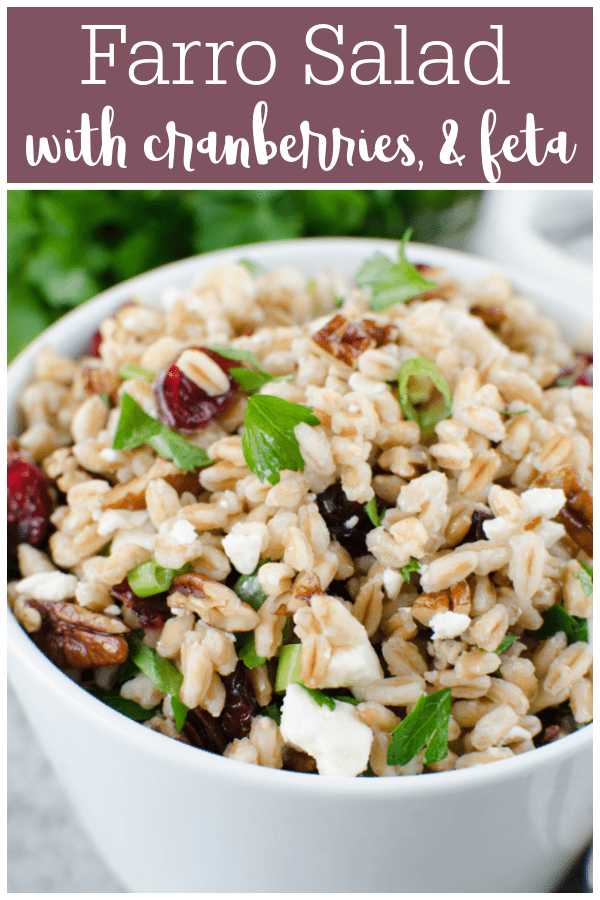Farro Salad with Cranberries, Feta, and Pecans - a great holiday side dish recipe! Farro tossed with dried cranberries, feta cheese, and pecans in a light lemony dressing.