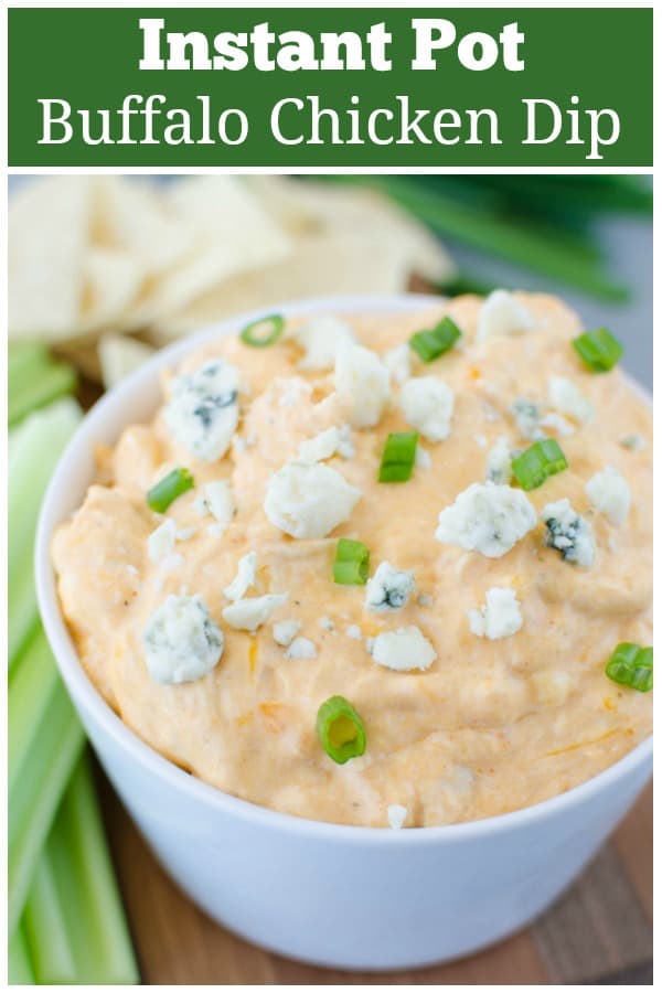 Instant Pot Buffalo Chicken Dip - creamy, spicy dip filled with buffalo sauce, ranch dressing, and shredded chicken! Made in 15 minutes in the pressure cooker. Serve with chips and celery sticks for the perfect party appetizer!