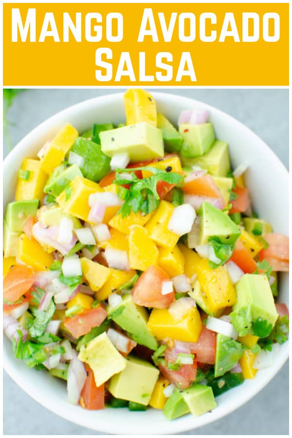 Mango Avocado Salsa - the most delicious sweet and spicy salsa!  Full of fresh mango, avocado, tomatoes, red onion, jalapeno, cilantro, and lime juice. Great for dipping or a topping for shrimp tacos or grilled fish!