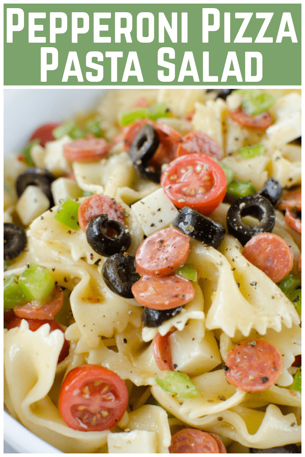 Pepperoni Pizza Pasta Salad - the perfect side dish for all your summer barbecues! Pasta tossed with mini pepperoni, black olives, green bell pepper, tomatoes, mozzarella cheese, and Italian dressing. 